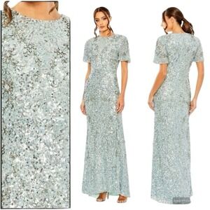 Mac Duggal 93932 Blue Flutter Sleeve Sequins High Neck Gown Size 4 $998